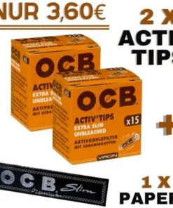 OCB Set Unbleachd Extra Slim ( 2 x OCB Activ Tips Extra Slim 15 Stück + 1 x OCB Premium Slim Black Papers 32 Stück)