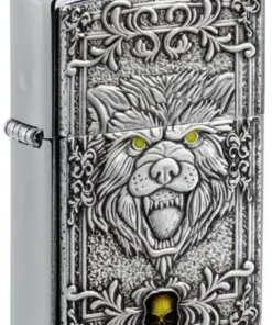Zippo Feuerzeug Chrom gebürstet Plakette Wolf/Skull mit Epoxy Inlay