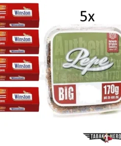 Bundle: Pepe Rich Green Tabak (5x170g) + Winston Red Extra Hülsen (4×250 Stück)