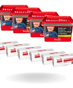 Bundle: Winston Red Tabak Volumentabak Eimer (4x115g) + Winston Red Filterhülsen Extra Size(6×250 Stück)