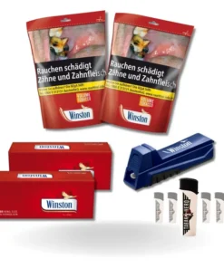 Bundle: Winston Red Stopftabak (2x95g) + Winston Hülsen King Size (2×200 Stück) + Winston Stopfer Duo + Feuerzeuge
