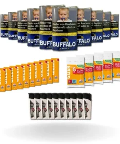 Bundle: Buffalo Blue Halfzware Drehtabak (10x40g) + Gizeh Papes (10×50 Stück) + Gizeh Filter (5×120 Stück) + Feuerzeuge (10 Stück)