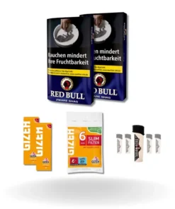 Bundle: Red Bull Zware Drehtabak (2x40g) + Gizeh Papes (2×50 Stück) + Gizeh Filter (120 Stück) + Feuerzeuge (5 Stück)