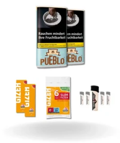 Bundle: Pueblo Blue Drehtabak (2x30g) + Gizeh Papes (2×50 Stück) + Gizeh Filter (120 Stück) + Feuerzeuge (5 Stück)