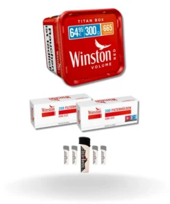 Bundle: Winston Red Stopftabak (250g) + Winston Hülsen King Size (2×200 Stück) + Feuerzeuge