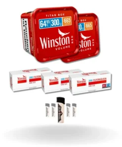 Bundle: Winston Red Stopftabak (2x250g) + Winston Hülsen King Size (3×200 Stück) + Feuerzeuge