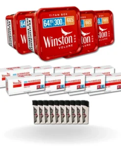 Bundle: Winston Red Stopftabak (4x250g) + Winston Hülsen King Size (10×200 Stück) + Feuerzeuge