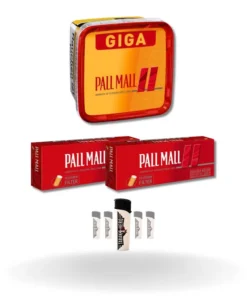Bundle: Pall Mall Red Tabak Eimer (260g) + Pall Mall Hülsen (2×200 Stück) + Feuerzeuge (5 Stück)