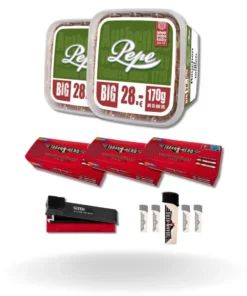 Bundle: Pepe Rich Green Stopftabak (2x170g) + Tabakhero Hülsen Extra (3×200 Stück) + Gizeh Stopfer + Feuerzeuge (5 Stück)