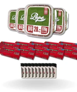 Bundle: Pepe Rich Green Stopftabak (4x170g) + Tabakhero Hülsen Extra (10×200 Stück) + Feuerzeuge (10 Stück)