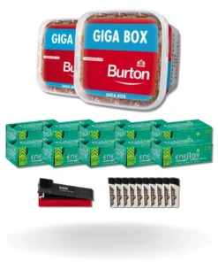 Bundle: Burton Red Stopftabak (2x400g) + Energy Plus Menthol Hülsen King Size (10×110 Stück) + Gizeh Stopfgerät + Feuerzeuge (10 Stück)