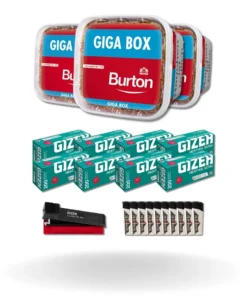 Bundle: Burton Red Stopftabak (3x400g) + Gizeh Menthol Hülsen Extra Size (8×200 Stück) + Gizeh Stopfgerät + Feuerzeuge (10 Stück)