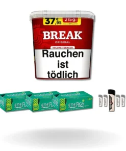 Bundle: Break Red Stopftabak (195g) + Energy Plus Menthol Hülsen King Size (3×110 Stück) + Feuerzeuge (5 Stück)