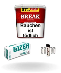 Bundle: Break Red Stopftabak (195g) + Gizeh Menthol Hülsen King Size (200 Stück) + Feuerzeuge (5 Stück)