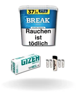 Bundle: Break Blue Stopftabak (195g) + Gizeh Menthol Hülsen King Size (200 Stück) + Feuerzeuge (5 Stück)
