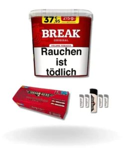 Bundle: Break Red Stopftabak (195g) + Tabakhero Hülsen Extra Size (200 Stück) + Feuerzeuge (5 Stück)