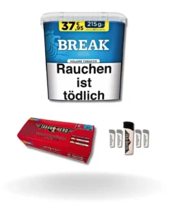 Bundle: Break Blue Stopftabak (195g) + Tabakhero Hülsen Extra Size (200 Stück) + Feuerzeuge (5 Stück)