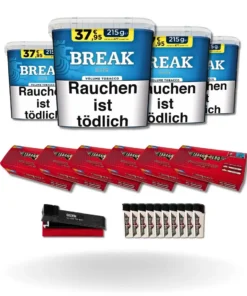 Bundle: Break Blue Stopftabak (4x195g) + Tabakhero Hülsen Extra Size (6×200 Stück) + Gizeh Stopfgerät + Feuerzeuge (10 Stück)