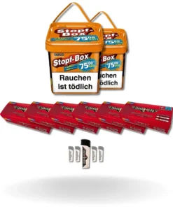 Bundle: Fargo Stopf-Box Stopftabak (2x420g) + Tabakhero Hülsen Extra Size (6×200) + Feuerzeuge (5 Stück)
