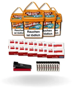 Bundle: Fargo Stopf-Box Stopftabak (4x420g) + Winston Hülsen Extra Size (10×250) + Gizeh Stopfgerät + Feuerzeuge (10 Stück)