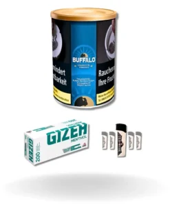 Bundle: Buffalo Blue Halfzware Drehtabak (140g) + Gizeh Menthol Hülsen King Size (200 Stück) + Feuerzeuge (5 Stück)