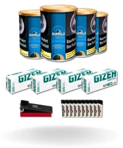 Bundle: Buffalo Blue Halfzware Drehtabak (4x140g) + Gizeh Menthol Hülsen King Size (4×200 Stück) + Gizeh Stopfgerät + Feuerzeuge (10 Stück)