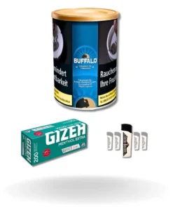 Bundle: Buffalo Blue Halfzware Drehtabak (140g) + Gizeh Menthol Hülsen Extra Size (200 Stück) + Feuerzeuge (5 Stück)