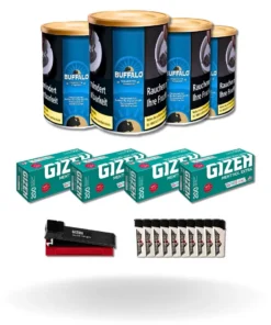 Bundle: Buffalo Blue Halfzware Drehtabak (4x140g) + Gizeh Menthol Hülsen Extra Size (4×200 Stück) + Gizeh Stopfgerät + Feuerzeuge (10 Stück)