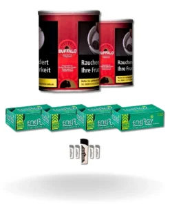 Bundle: Buffalo Red Halfzware Drehtabak (2x140g) + Energy Plus Menthol Hülsen (4×110 Stück) + Feuerzeuge (5 Stück)