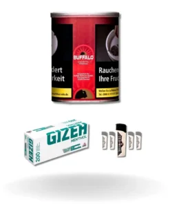 Bundle: Buffalo Red Halfzware Drehtabak (140g) + Gizeh Menthol Hülsen King Size (200 Stück) + Feuerzeuge (5 Stück)