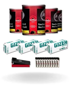 Bundle: Buffalo Red Halfzware Drehtabak (4x140g) + Gizeh Menthol Hülsen King Size (4×200 Stück) + Gizeh Stopfgerät + Feuerzeuge (10 Stück)