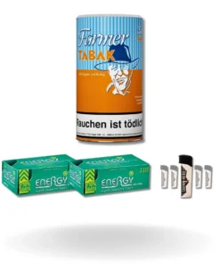 Bundle: Farmer Orange Pfeifentabak (160g) + Energy Plus Menthol Hülsen King Size (2×110 Stück) + Feuerzeuge (5 Stück)