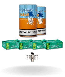 Bundle: Farmer Orange Pfeifentabak (2x160g) + Energy Plus Menthol Hülsen King Size (4×110 Stück) + Feuerzeuge (5 Stück)