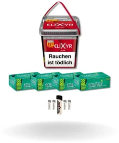 Bundle: Elixyr Red Stopftabak (245g) + Energy Plus Menthol Hülsen King Size (4×110 Stück) + Feuerzeuge (5 Stück)