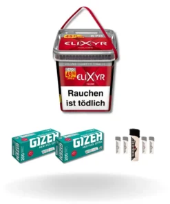 Bundle: Elixyr Red Stopftabak (245g) + Gizeh Menthol Hülsen Extra Size (2×200 Stück) + Feuerzeuge (5 Stück)