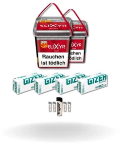 Bundle: Elixyr Red Stopftabak (2x245g) + Gizeh Menthol Hülsen King Size (4×200 Stück) + Feuerzeuge (5 Stück)