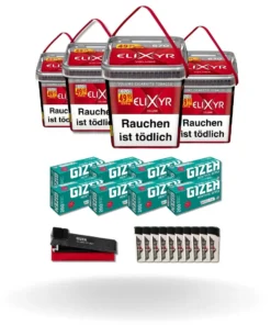Bundle: Elixyr Red Stopftabak (4x245g) + Gizeh Menthol Hülsen Extra Size (8×200 Stück) + Gizeh Stopfgerät + Feuezeuge (10 Stück)