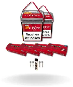 Bundle: Elixyr Red Stopftabak (2x245g) + Tabakhero Hülsen Extra Size (4×200 Stück) + Feuerzeuge (5 Stück)
