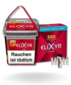 Bundle: Elixyr Red Stopftabak (245g) + Elixyr Hülsen King Size (550 Stück) + Feuerzeuge (5 Stück)