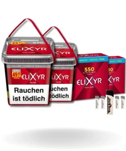 Bundle: Elixyr Red Stopftabak (2x245g) + Elixyr Hülsen King Size (2×550 Stück) + Feuerzeuge (5 Stück)