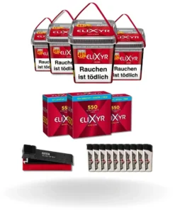 Bundle: Elixyr Red Stopftabak (4x245g) + Elixyr Hülsen King Size (3×550 Stück) + Gizeh Stopfgerät + Feuerzeuge (10 Stück)