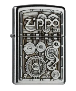 Feuerzeug Zippo Gear Wheels aus Chrom satiniert in silber seidenmatt mit Emblem