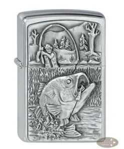 Feuerzeug Zippo Bass Fishing aus Chrom gebürstet in silber seidenmatt mit Emblem