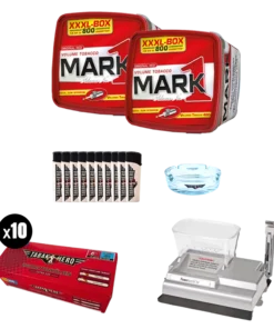 Bundle: Mark Adams 1 Stopftabak (2x400g) + Tabakhero Hülsen (10×200 Stk.) + Feuerzeuge (10 Stk.) + Powermatic 4+ Elektrische Stopfmaschine