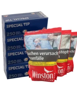 3 x Beutel Winston Red à 185 Gramm & 1.000 Special Tip Hülsen Blau