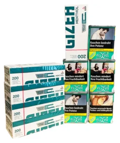 5 x Dosen ELIXYR+ à 102 Gramm Green Tabak & 1000 Gizeh Menthol Zigarettenhülsen