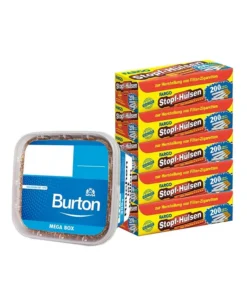 BURTON Volumen BLUE Zigarettentabak XXX Size 250 GRAMM & 1.000 Fargo Zigarettenhülsen