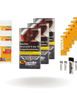 Bundle: Tabakhero Zware Pouch (3x50g) + Gizeh Zigaretten Papes Original (6×50 Stück) + Gizeh Zigaretten Filter Slim (3×120 Stück) + Feuerzeuge (5 Stück)