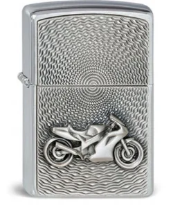 Feuerzeug Zippo Motorrad aus Chrom gebürstet in silber seidenmatt mit Emblem